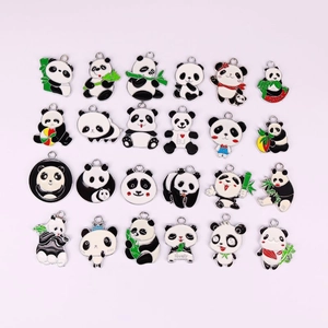 Detailed grid of 24 assorted panda enamel charms and pendants for DIY jewelry