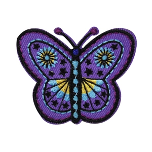 Detailed butterfly embroidery patch in dark purple with colorful sunflower patterns for DIY clothing