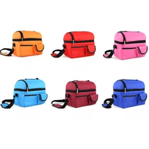 Detailed grid view of double-layer insulated lunch bags in six vibrant colors with straps