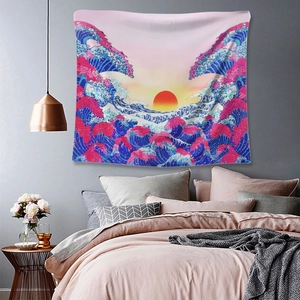 Cozy bedroom interior featuring a Great Wave Ukiyo-e tapestry with Mount Fuji sunrise