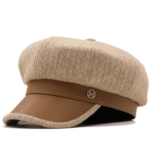 Vintage Women Knit Patchwork PU Leather Newsboy Cap British Octagonal Painter Hat Autumn Winter Warm Adjustable Beret Cap