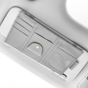 Grey PU leather car sun visor organizer with mesh pocket, card slots and zipper pocket