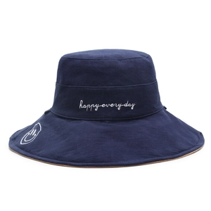 Dark blue sun hat with Happy Everyday embroidery and smiley face on a wide brim