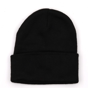 Close-up of the detailed knit texture and folded cuff of the black winter beanie hat