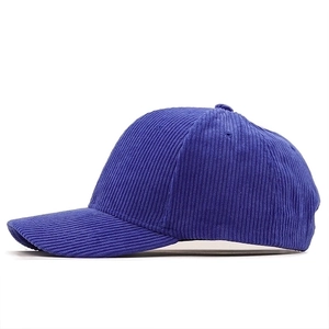 Detailed view of royal blue corduroy baseball cap texture and premium fabric stitching