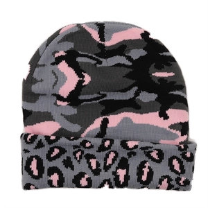 Close-up of knit beanie featuring camouflage patterns and leopard print cuff details