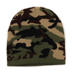 Close-up of the woodland camouflage knit pattern and tight fabric texture on this beanie