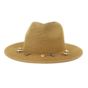 Sombrero de paja unisex con cadena dorada, conchas naturales y dije de estrella