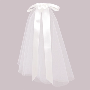 Elegant white bridal veil with large bow and long ribbon tassels on clean background