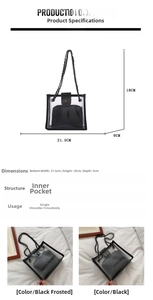 Detailed size specifications for the clear PVC crossbody bag with measurements and PU inner bag