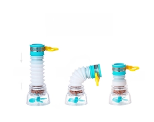 Adjustable faucet filter showing extendable, flexible and foldable modes with mineral stones