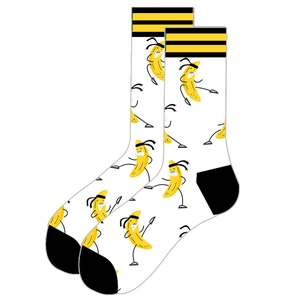 Detail of white cotton mid-calf socks with banana ninja print and striped cuffs