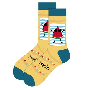 Detail of yellow mid-calf socks with watermelon pattern and dark blue accents
