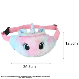 Detail of plush unicorn bag showing dimensions 26.5x12.5cm and adjustable strap