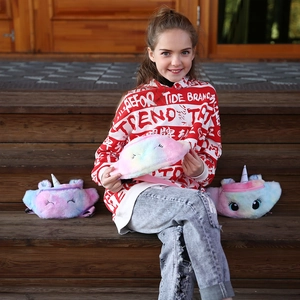 Rainbow plush unicorn waist bag for kids featuring big eyes and glittery silver horn