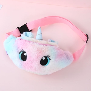Detail of plush unicorn waist bag showing rainbow gradient fur and adjustable pink strap