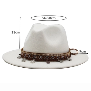 White wool fedora hat with ethnic style embroidered band and metal coin charms