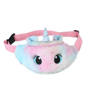 Detail of plush unicorn waist bag with gradient faux fur and pink nylon shoulder strap