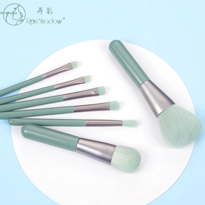 Detail of 7-piece mint green portable makeup brush set with fine fiber bristles