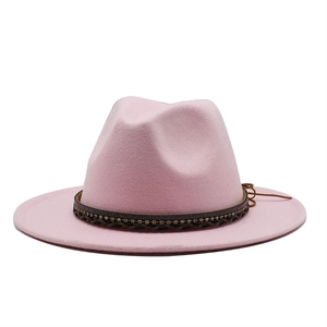 Detail of pink wool fedora hat featuring a woven band with sparkling rhinestone accents
