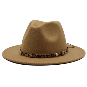 Detail of khaki wool fedora hat with leopard print band and gold star metal buckle