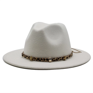 White wool fedora hat with leopard print band and gold star charms for women