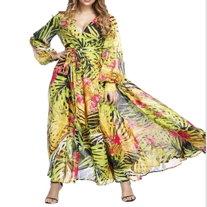 Robe longue à col en V, manches lampion et imprimé feuilles tropicales vert et jaune