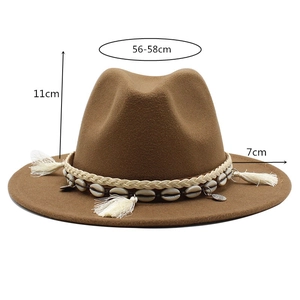Brown wool fedora hat with ethnic shell band and 7cm brim width measurements