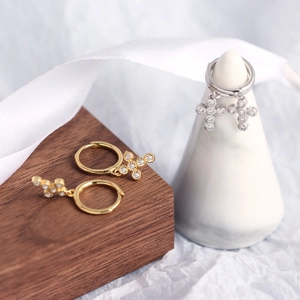S925 sterling silver mini cross hoop earrings with diamonds in gold and silver finish