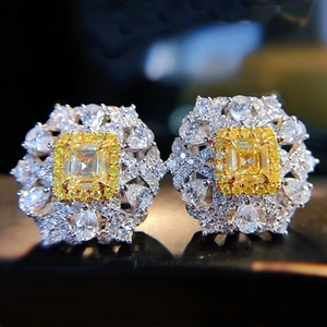 Luxury Square Cut Canary Yellow Crystal Stud Earrings Copper Alloy Halo Micro Pave Sparkling Jewelry For Women