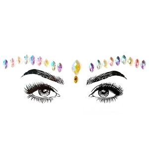 Detailed view of colorful acrylic diamond face stickers applied on a forehead model