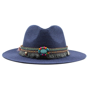 Navy blue straw fedora with bohemian ethnic band and turquoise bead decoration