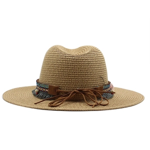 Men's fedora straw sun hat with ethnic embroidered band and tassel decorations