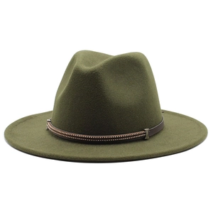 Close-up of olive green wool fedora hat with studded leather band and wide flat brim