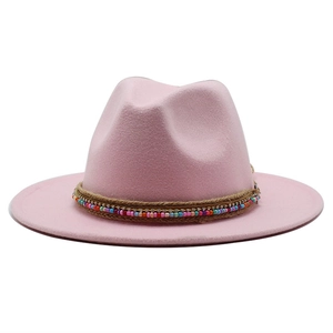 Pink wool felt fedora jazz hat with bohemian colorful beaded ribbon and wide flat brim
