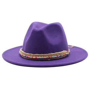 Dark purple wool fedora hat with bohemian beaded ribbon and sparkling rhinestone trim