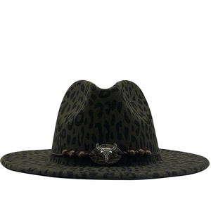Classic leopard print felt fedora with wooden bead band and silver bull skull detail