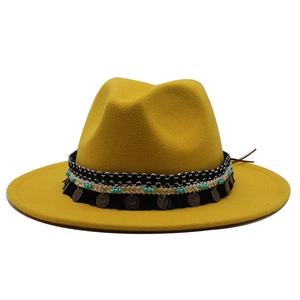 Cappello fedora in lana gialla stile britannico con fascia intrecciata bohémien