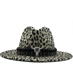 Chapeau Fedora Imprimé Léopard Coton Polyester Large Bord Plat Bande Ethnique Tête De Taureau En Métal Style Cowboy Rétro Homme Femme Jazz