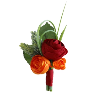 Artificial red rose boutonniere for weddings with green leaves and red ribbon stem wrap