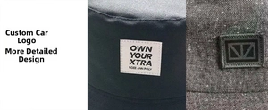 Detailed view of custom cotton bucket hat fabric labels with precision stitching and logos