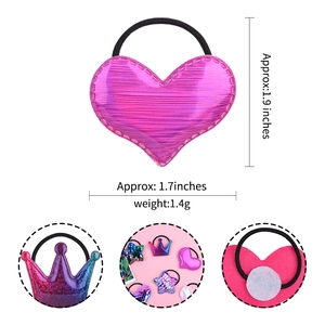 Pink holographic heart hair tie with dimensions 1.9x1.7 inches and black elastic band