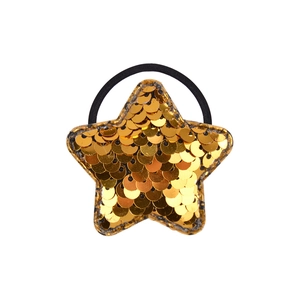 Detail of a golden sequin star hair tie with high reflective finish and elastic band