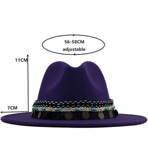 Purple wool fedora with bohemian trim and size chart showing 7cm brim and 11cm height