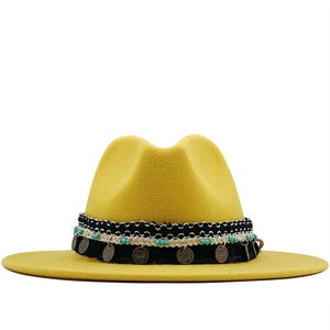 Yellow wool felt fedora hat with bohemian braided band and turquoise bead accents