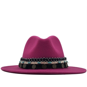 Ethnic style rose red wool fedora hat with bohemian tassel and bead decorations