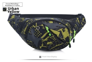Detail view of the waterproof oxford waist bag with urban yellow camouflage pattern and neon cords