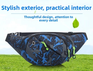 Detail of waterproof oxford waist bag with camo pattern and green zipper pulls