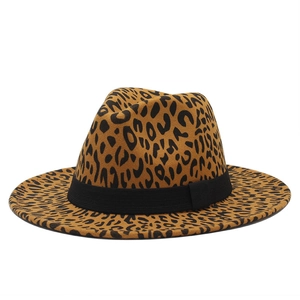 Classic leopard print fedora hat with flat brim and black ribbon band for women
