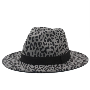 Classic gray wool fedora hat with black leopard print and decorative ribbon band